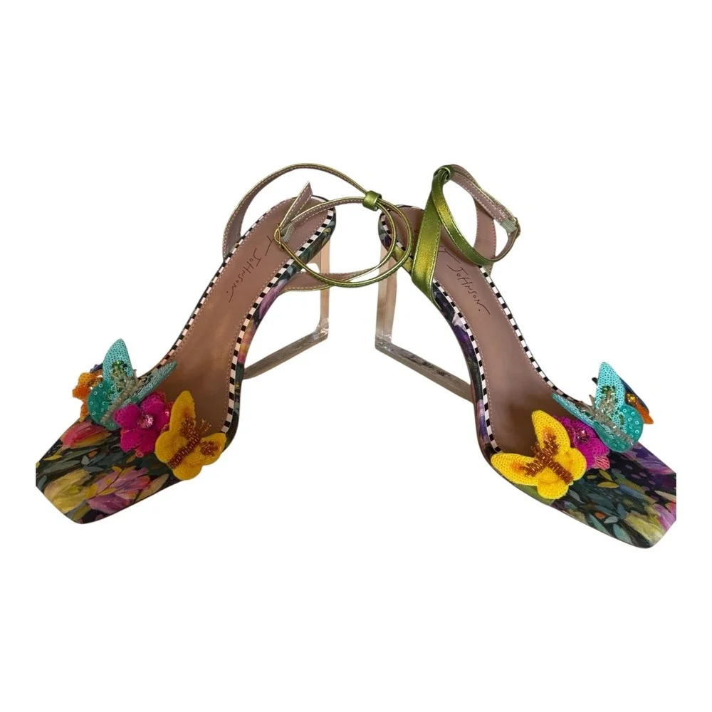 Betsey Johnson SB-BELA Butterfly Floral Clear Wedge Sandals Metallic Green 10M
